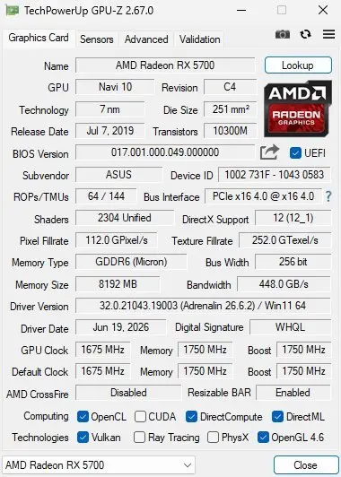 Asus AMD Radeon RX 5700 ASUS Graphics Card